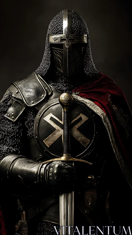 Armored knight holds broadsword before dark backdrop