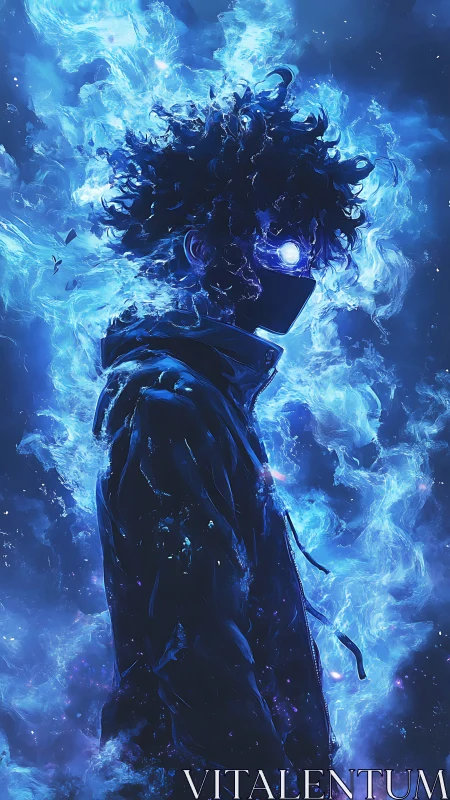 Mysterious blue‑flame wanderer wrapped in cosmic glow.