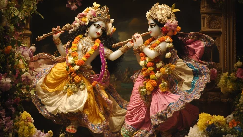 Flute melodies and flower garlands in a glowing divine dance.