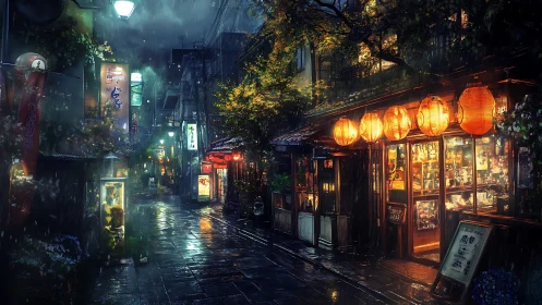 Lantern-lit alleyway serenading rain-soaked midnight wanderers.