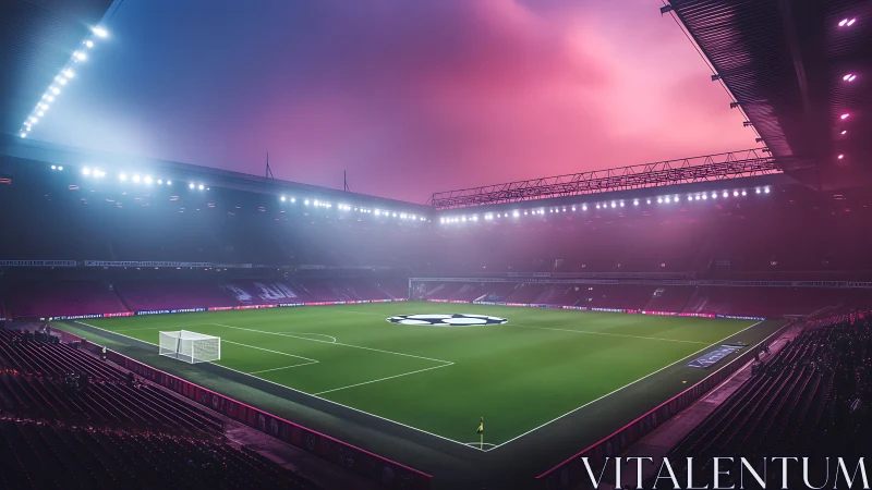 Floodlit football stadium waits under vivid twilight sky