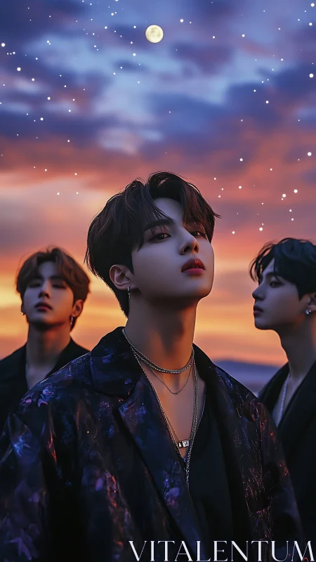 Idol trio under twilight sky with moonlit, glowing bokeh stars.