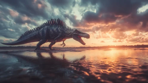 Spinosaurus silhouette walking through shallow water at sunset.