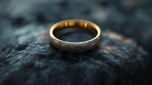 Gold ring with textured band lies on rough dark stone