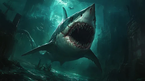 Colossal shark glides through eerie ruins of a lost city.