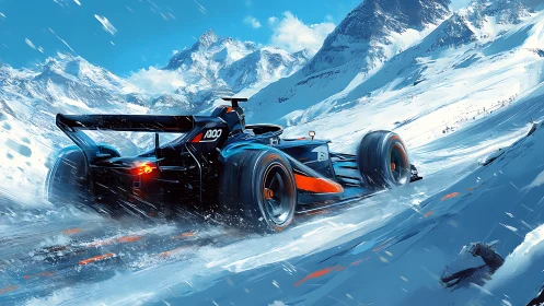 Formula race car powers through icy alpine mountain pass.
