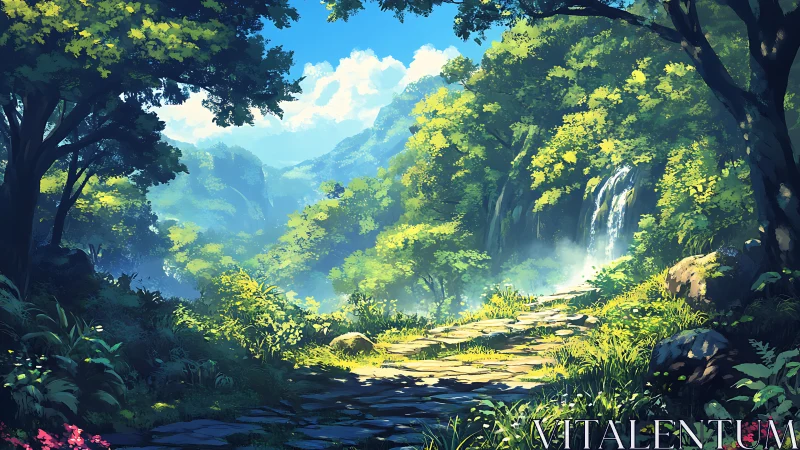 Mountainous Landscape with Waterfall and River Valley.