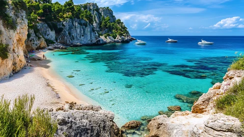 Limestone coastal formation with turquoise water and anchored vessels