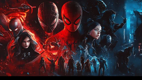 Spider hero multiverse split into fiery red and icy blue worlds.