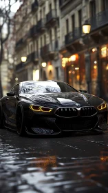Black BMW sports car on wet city street at dusk.