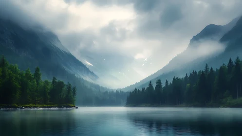 Glacial valley lake under stratified fog and diffuse skylight.