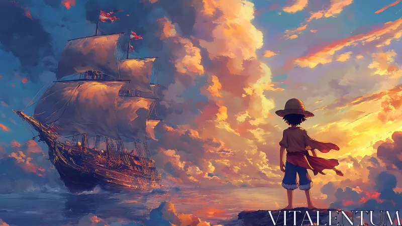 Straw hat boy faces glowing galleon under blazing sunset