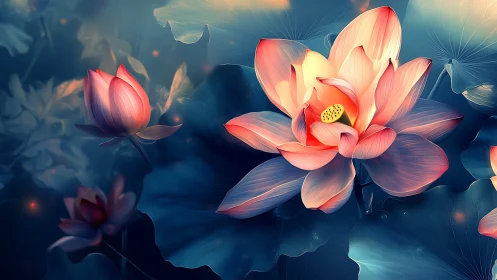Luminous Lotus Flowers Blooming in Serene Water Garden