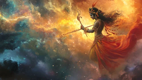 Celestial archer drifts through ember‑bright cosmic storms.