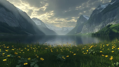 Mountain lake valley unfolds under dramatic cloudy skies.