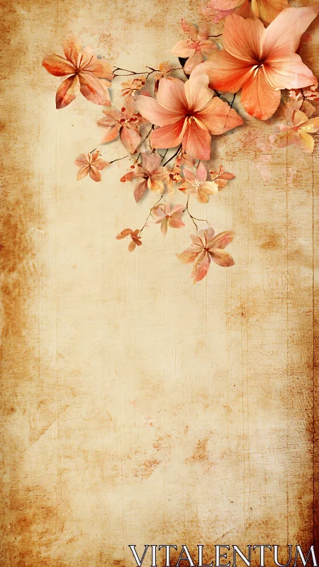 Soft peach blossoms drift gently across vintage paper