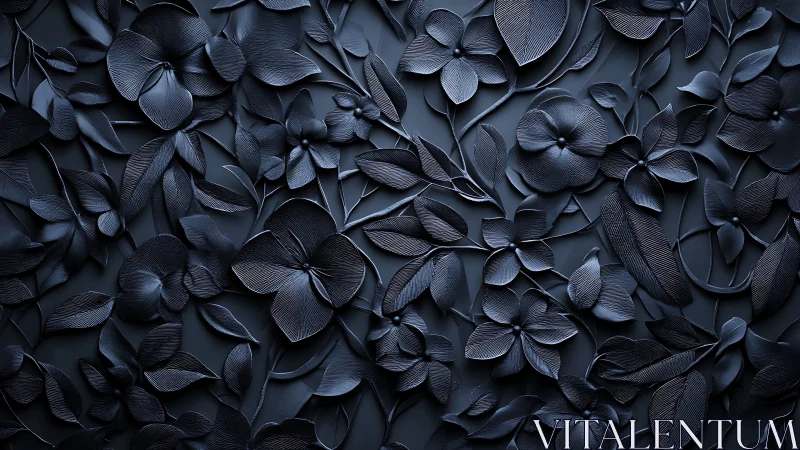 Dark Blue Dimensional Floral Relief Composition with Textured Petal Geometry
