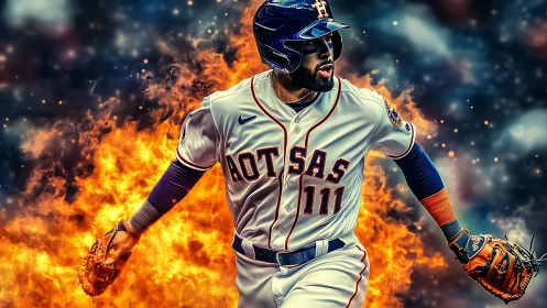 Baseball player charges forward through blazing stadium fire