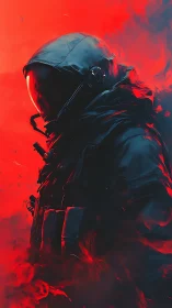 Lone armored astronaut walks through blazing red smoke.