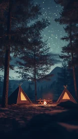 Cinematic night forest camp with tents and starlit sky framing.