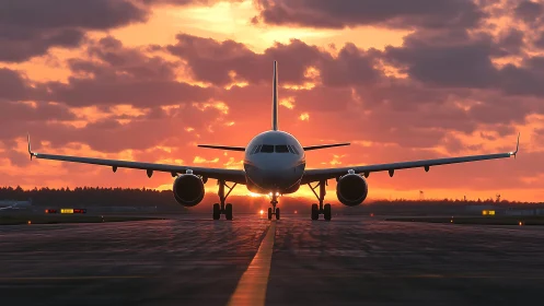 Sunset runway alignment with frontal commercial jet silhouette.