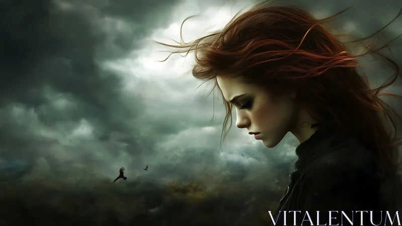 Profile view of a woman rendered against turbulent clouds