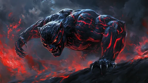 Molten shadow panther prowling through stormlit embers.