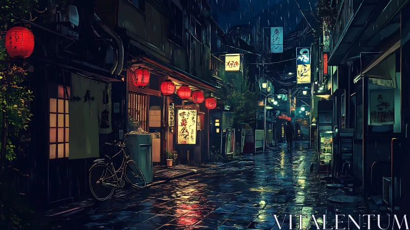Rainy lantern alley glows with quiet nocturnal warmth