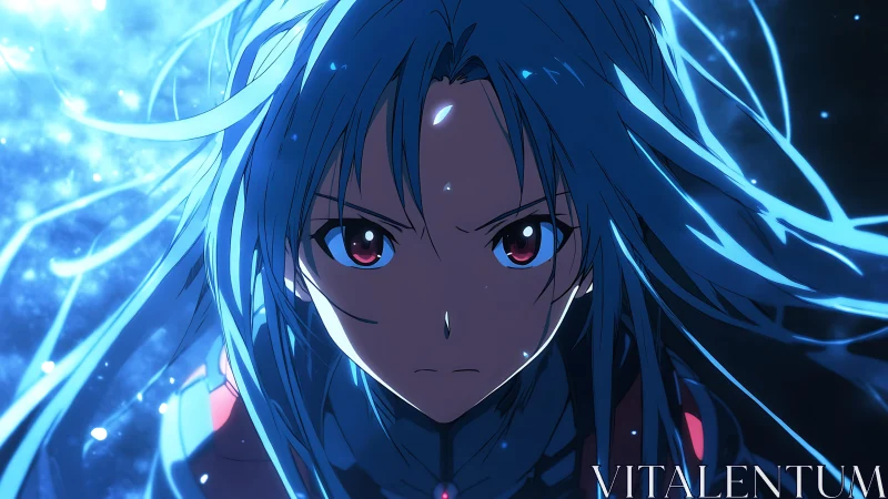 Anime close-up portrait with dynamic blue energy lighting.