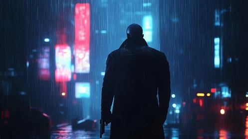 Night walker stands steady in a neon soaked city storm