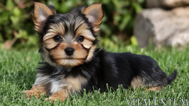 Small Yorkshire Terrier puppy lying on trimmed lawn surface.