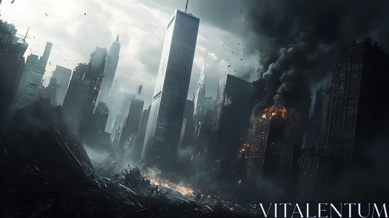 Dystopian skyscraper ruins under smoke-filled storm sky.