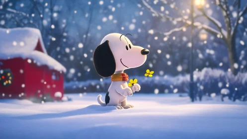 Cartoon beagle admiring butterflies in tranquil snowfall.