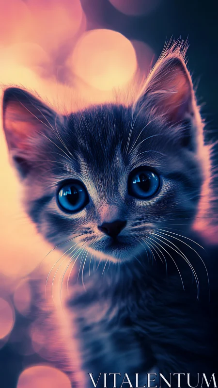 Blue-Eyed Kitten with Warm Bokeh Lighting.