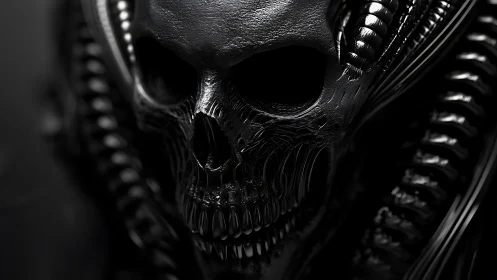 Midnight biomech skull glowing with quiet sci fi menace.