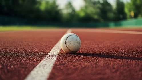 Solitary white ball pausing on sunlit red sports track line.