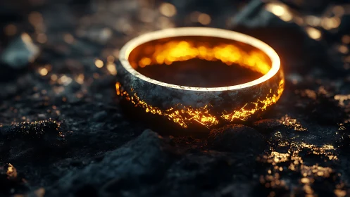 Glowing metallic ring rests on dark textured rocky ground