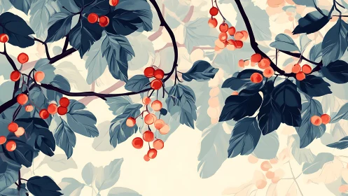 Crimson berries swing like tiny lanterns in soft twilight