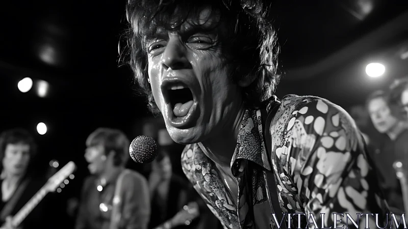 Black and white close-up of singer yelling into microphone.
