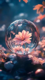 Single pink daisy enclosed in clear glass sphere outdoors.