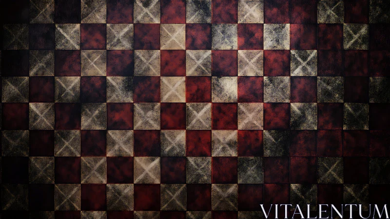 Worn crimson checkerboard wall with softly glowing X marks.