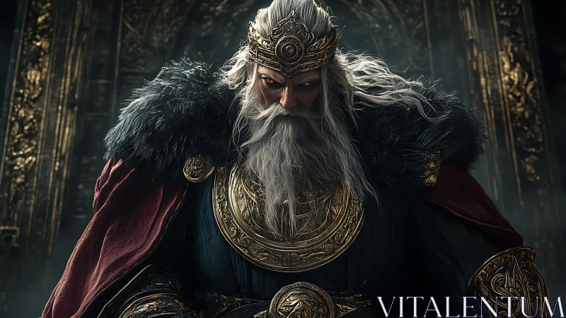 Stoic fantasy king in ornate fur cloak and crown.