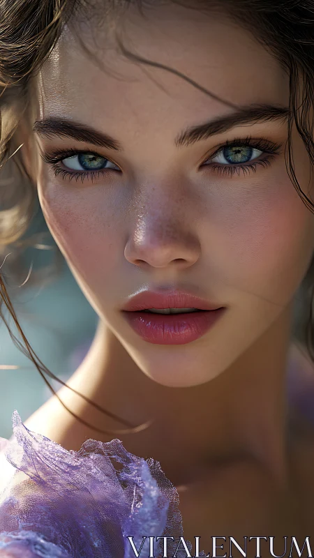 Ocean-eyed gaze melts into sunlight and violet chiffon