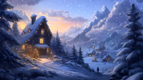 Snowy mountain village with warm lit cabin and night sky.