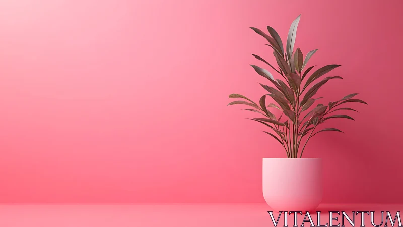 Minimalist potted plant on monochrome pink backdrop.
