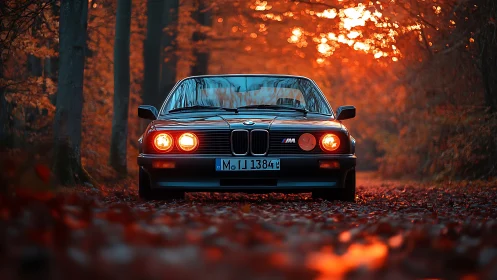 Midnight-blue classic BMW glides through ember-bright forest