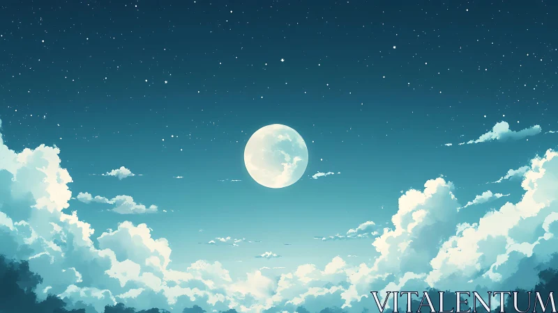 Digital painting of luminous moon framed by cumulus cloudscape.