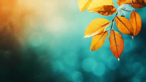 Orange leaves are shown against a teal bokeh background