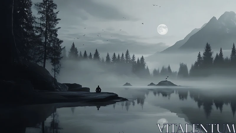Solitary figure at misty moonlit lake in grayscale serenity.