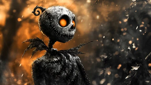 Gentle pumpkin skeleton gazes into a glowing autumn dusk